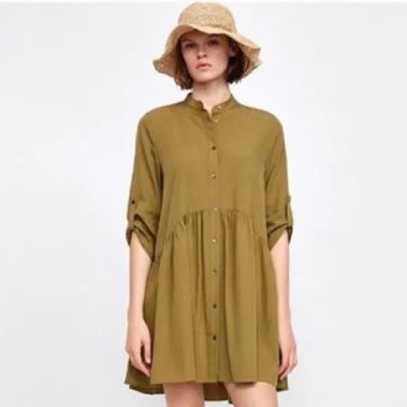 Zara Green Button Down Dress Zara Dresses Zara Linen Green Button Down  Square Neck Dress